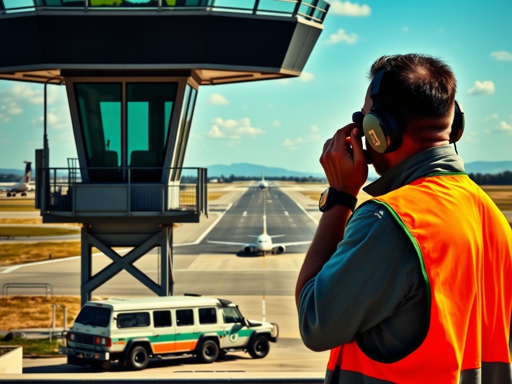 A wildlife control specialist in a safety vest, holding binoculars.