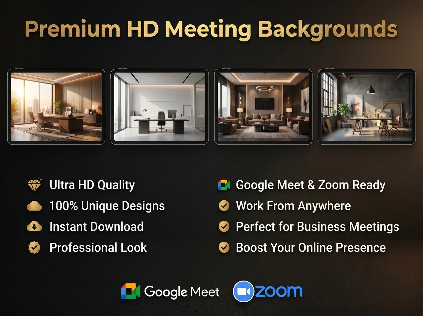 Premium Google Meet and Zoom virtual backgrounds in Ultra HD quality featuring modern offices, luxur
