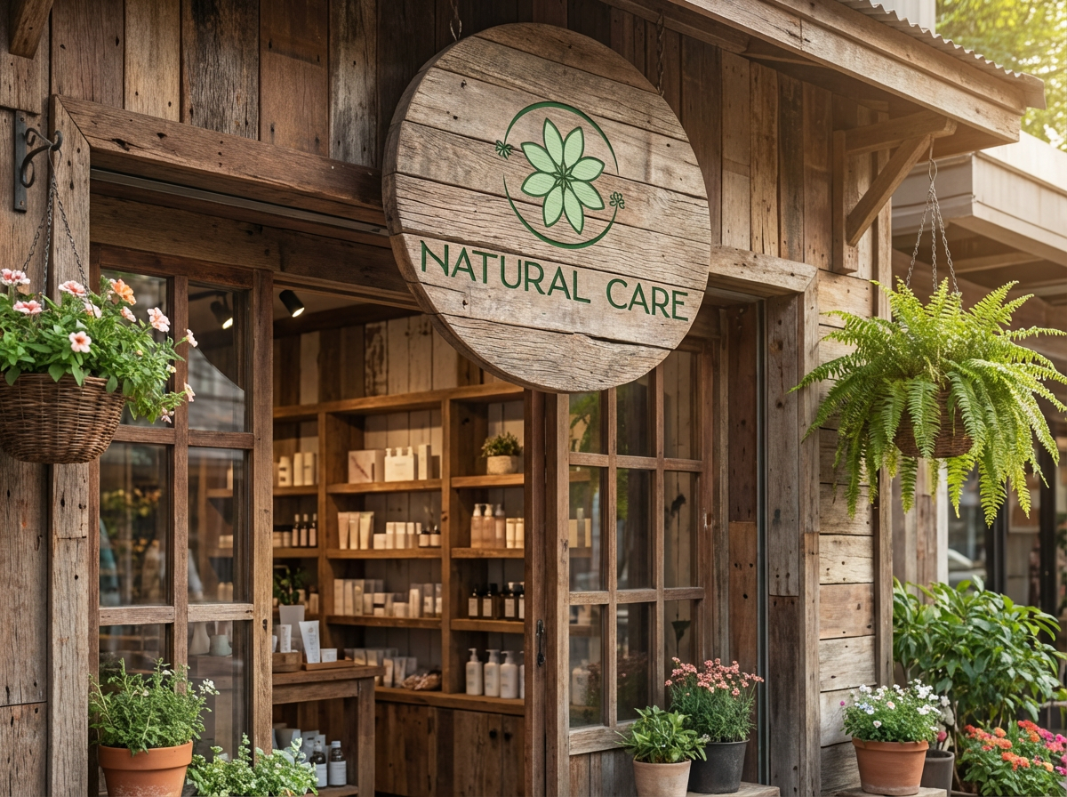 Natural Care enseigne en bois magasin cosmétiques