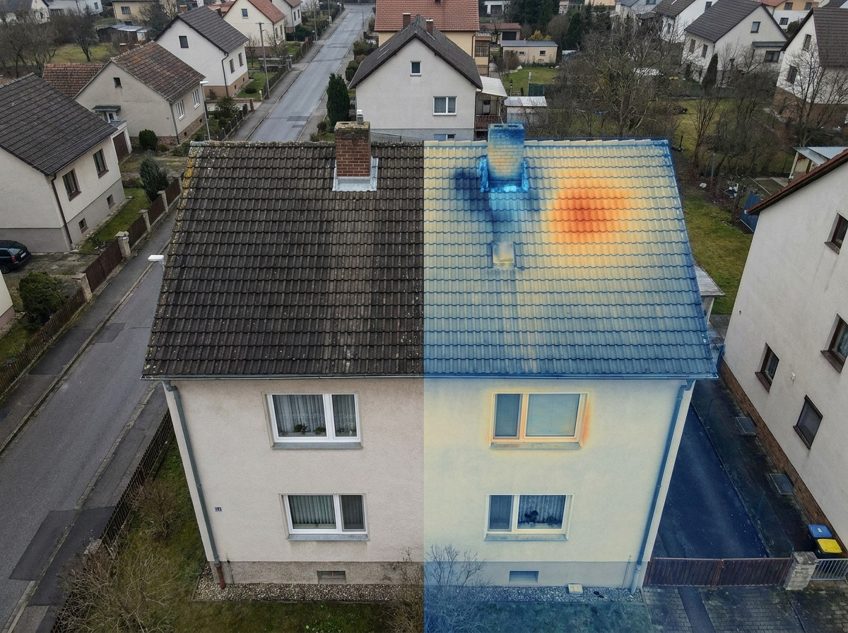 Zdjęcie przedstawiające budynek  w widoku z kamery RGB i kamery termowizyjnej