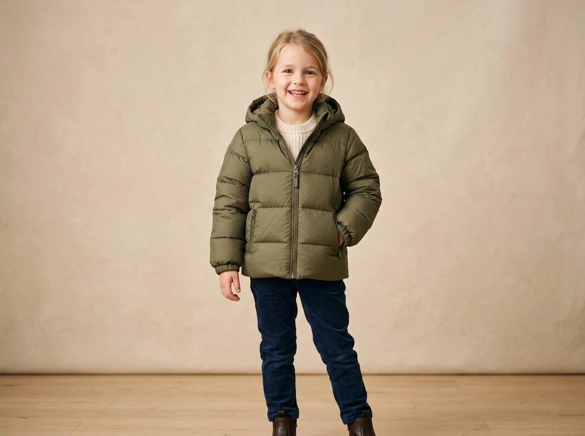 European girl wearing warm down jacket