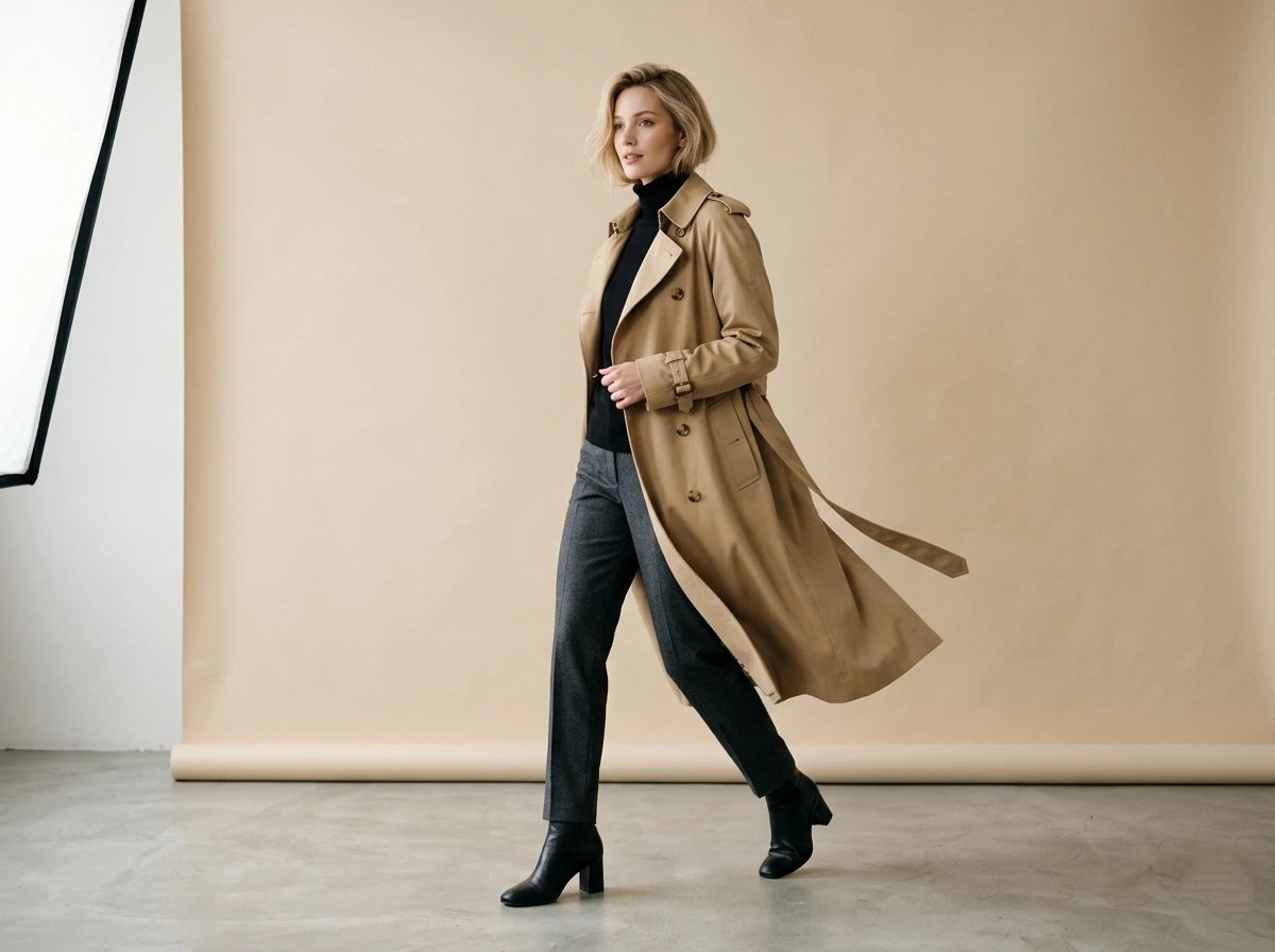European female model wearing long trench coat