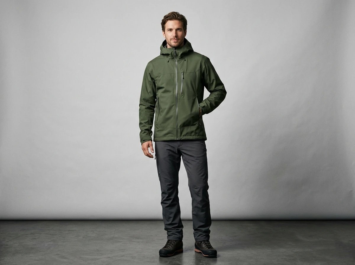 European male model in waterproof shell jacket