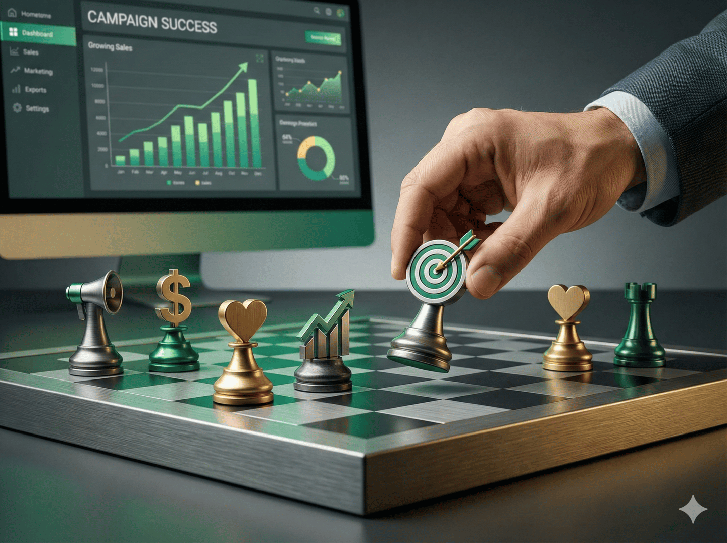 Mão movendo uma peça de xadrez alvo em um conselho que representa o sucesso da campanha de marketing