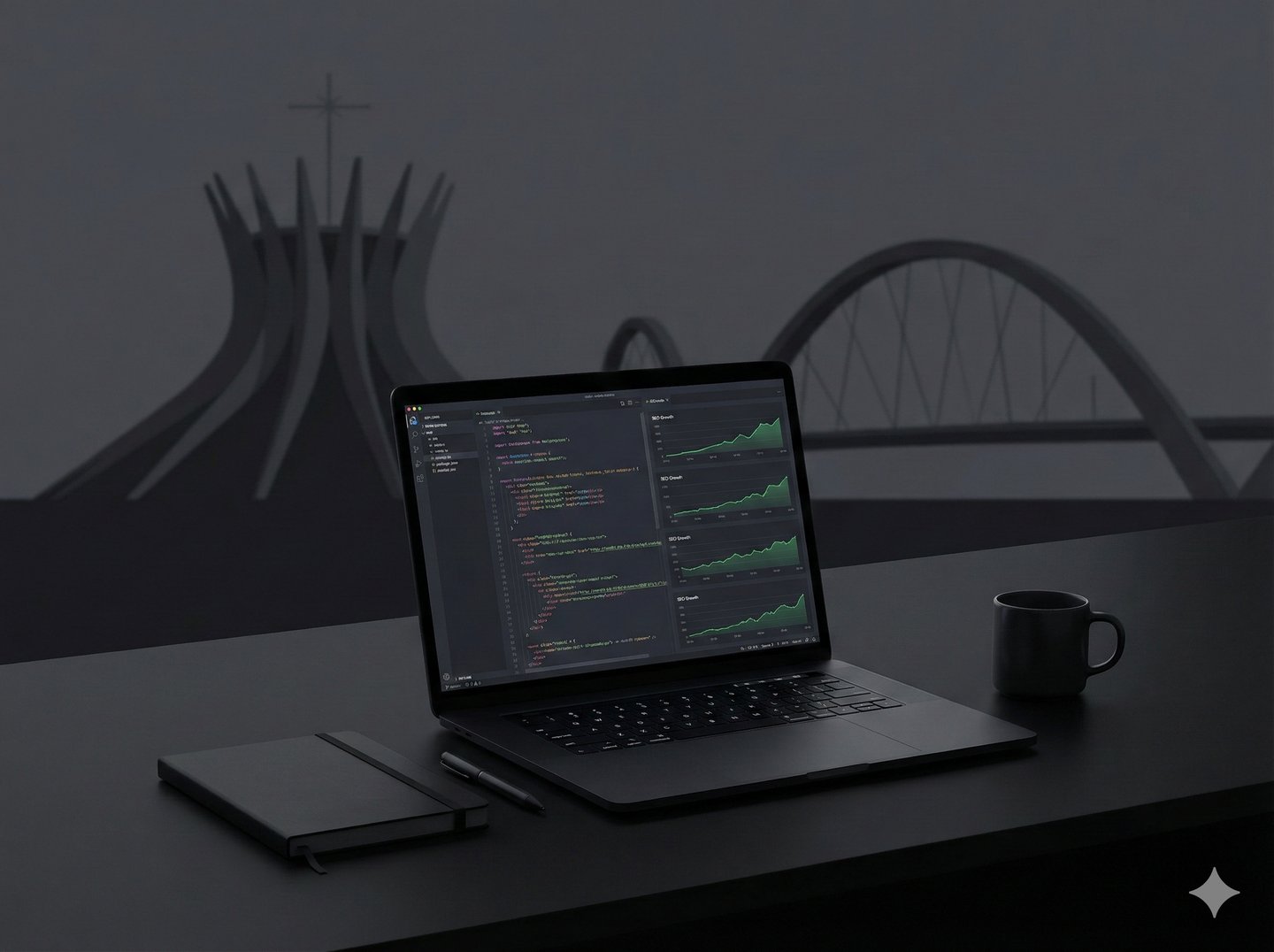 Notebook mostrando projeto de Criação de Sites e Landing Pages em Brasília com foco em SEO.