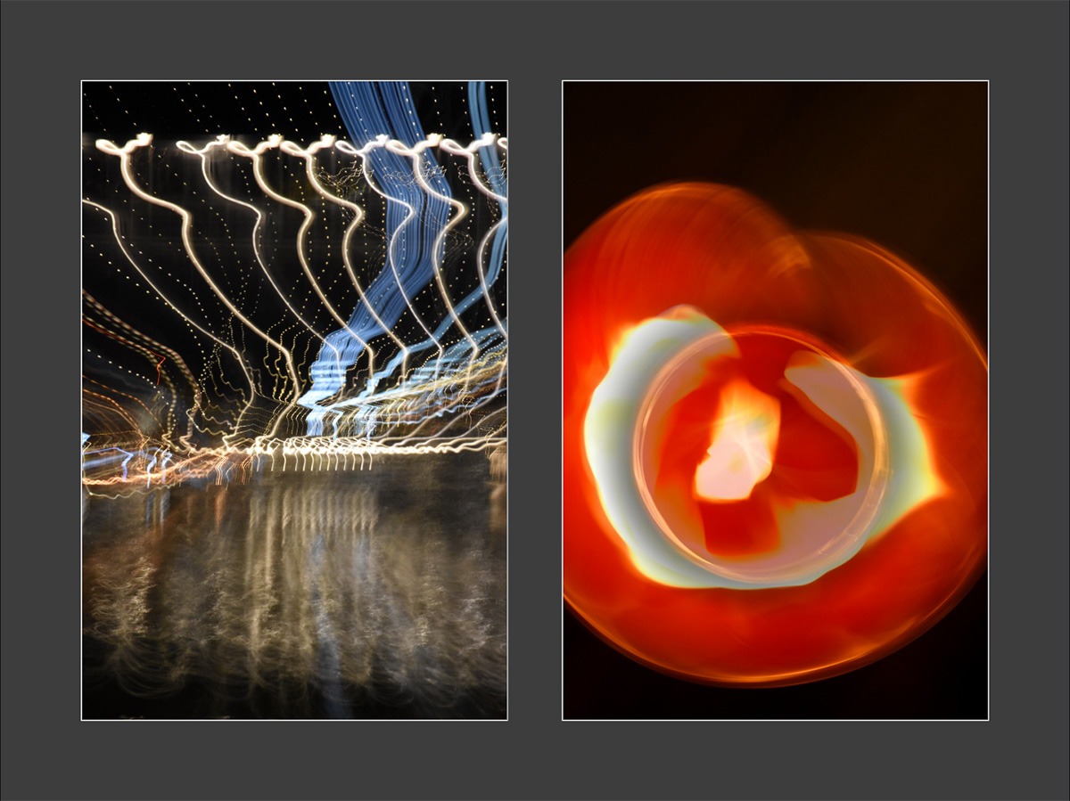two images of intentional camera movement night photography