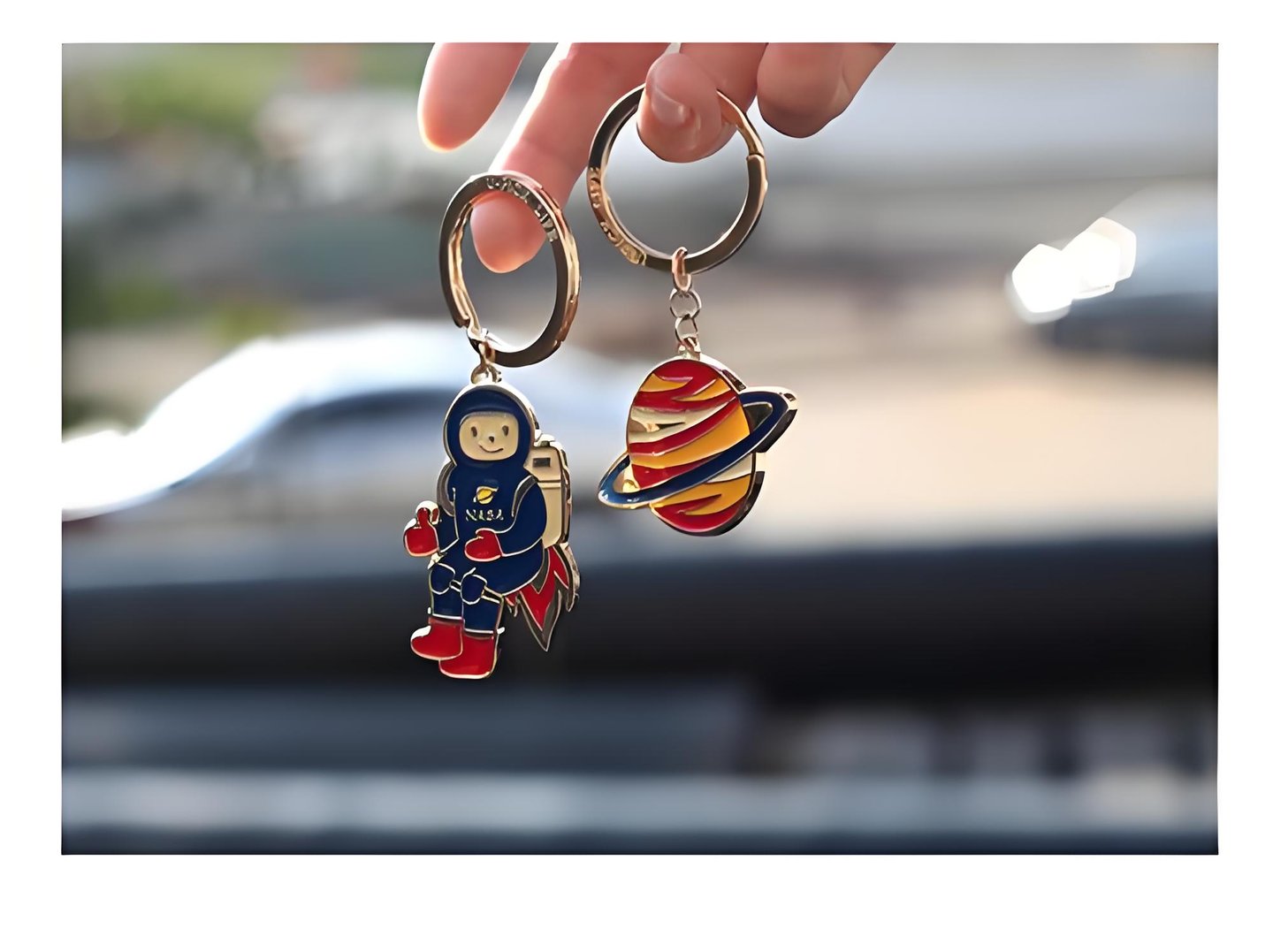 a person holding a pair of keychains