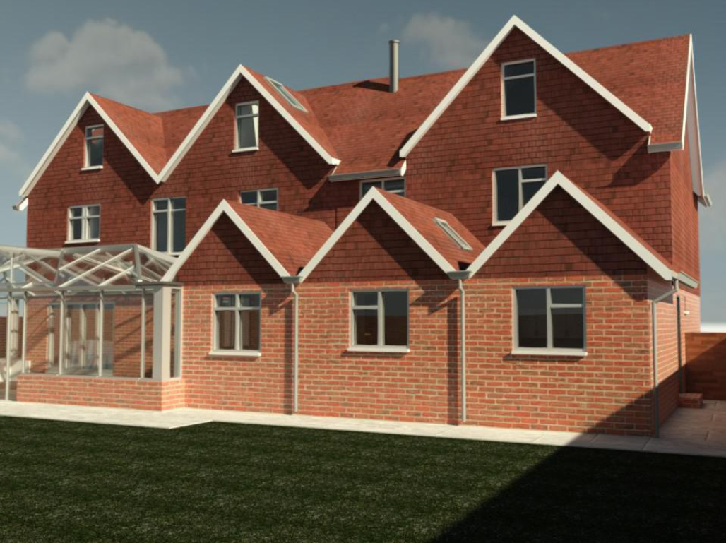 3D image of a proposed loft convers, conservatory extension and side extension