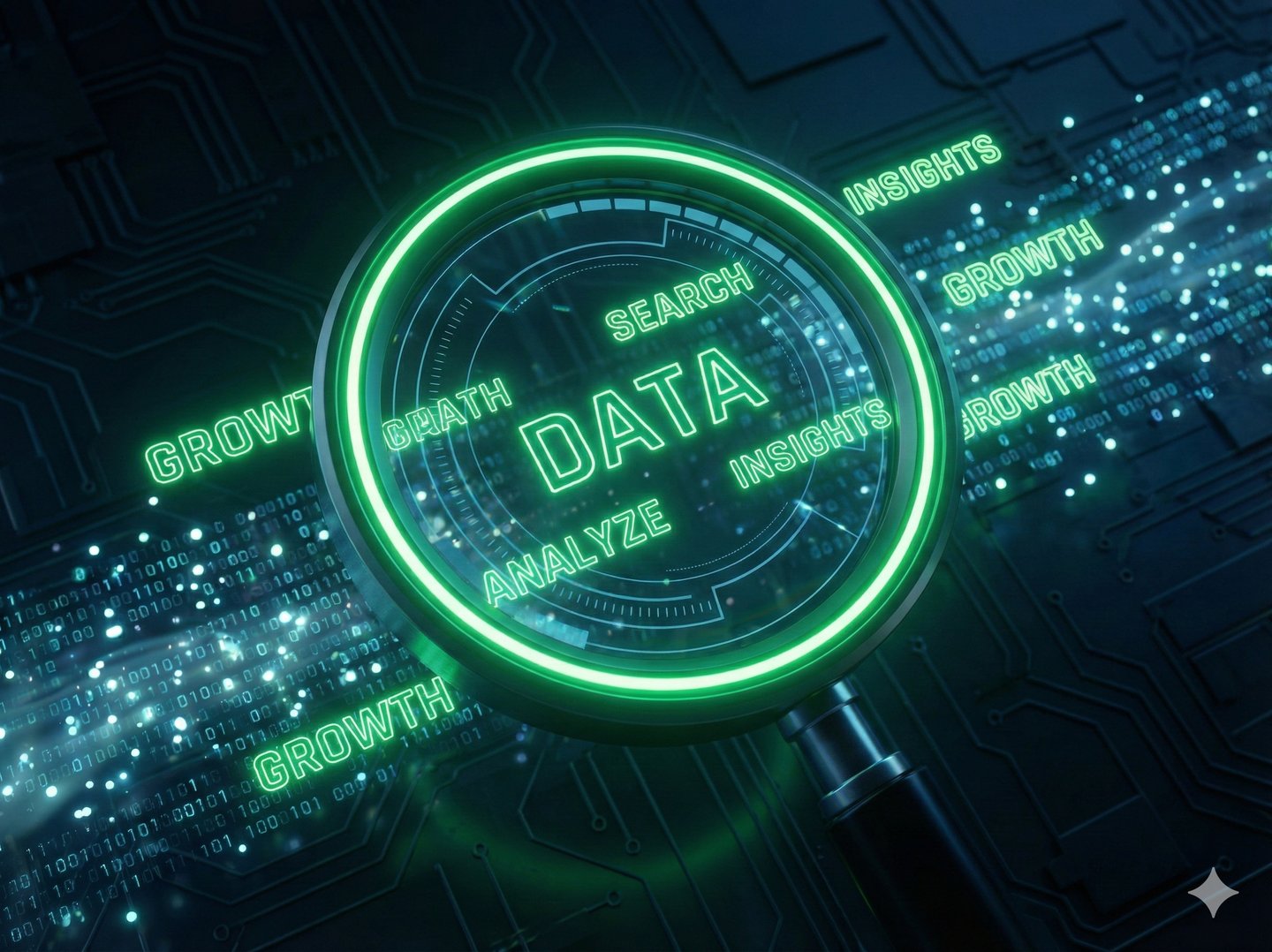 Lupa digital analisando palavras-chave neon para estratégia avançada de SEO Local e posicionamento.