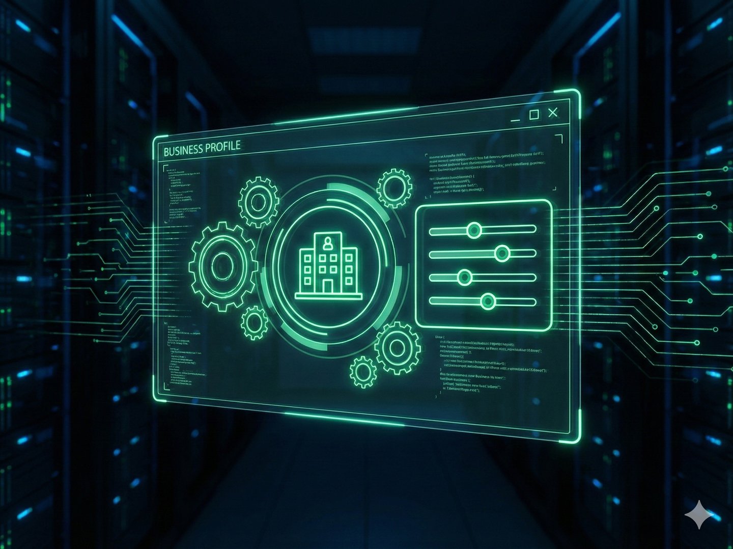 Interface holográfica de configuração técnica e ajustes de Otimização de Perfil GBP com engrenagens neon.