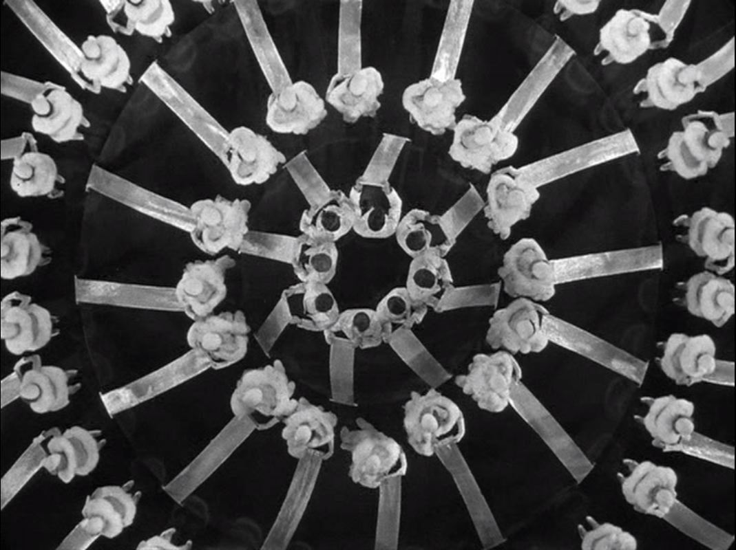 Overhead kaleidoscope of Busby Berkeley chorus girls with ribbons in 42nd Street (1933) “Young and H