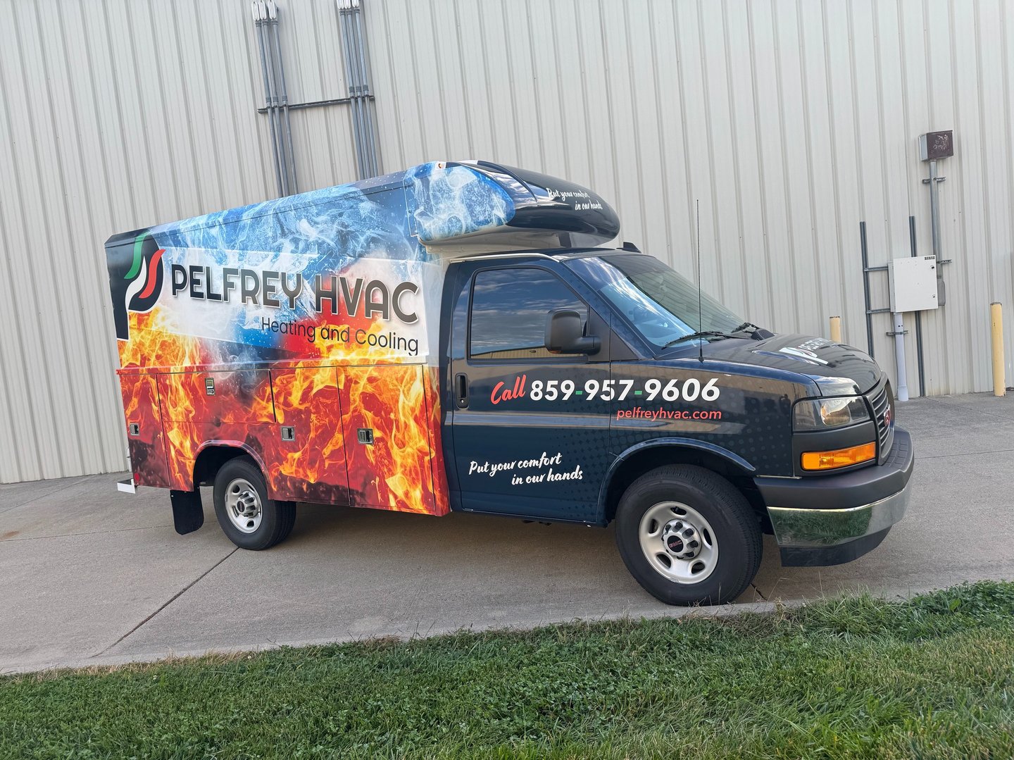 Custom fire and ice themed HVAC service truck wrap for Pelfrey Heating and Cooling by Big Sticker