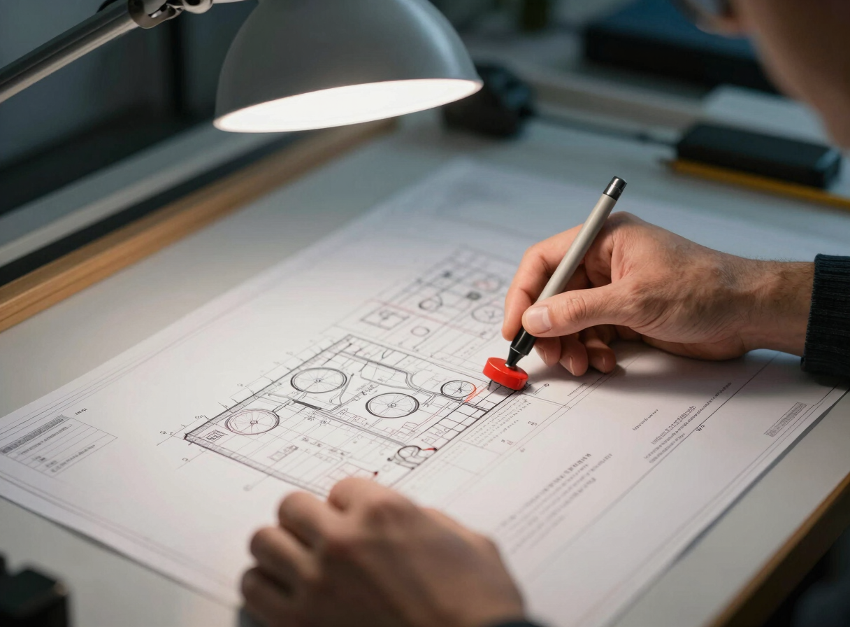 Close-up of an engineer's hands holding a technical site plan on a drafting table under cool desk lamp light, a red approval stamp partially visible at the lower corner, shallow depth of field