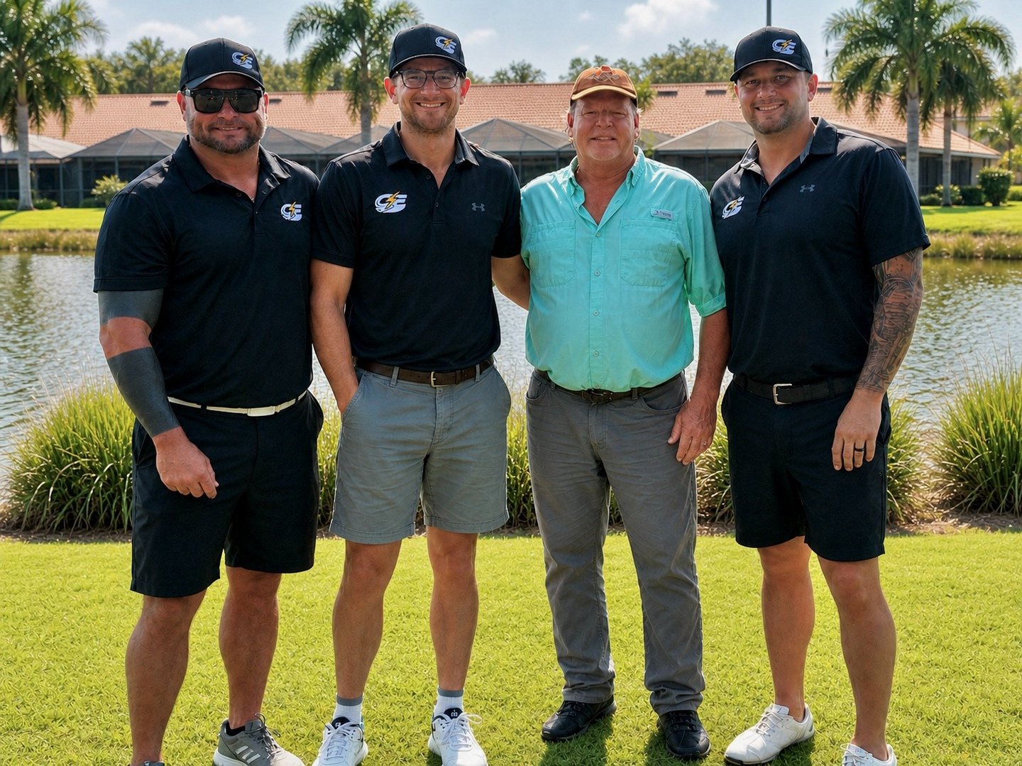 Owners of Caloosa Electric Service standing together in Southwest Florida wearing branded company ap