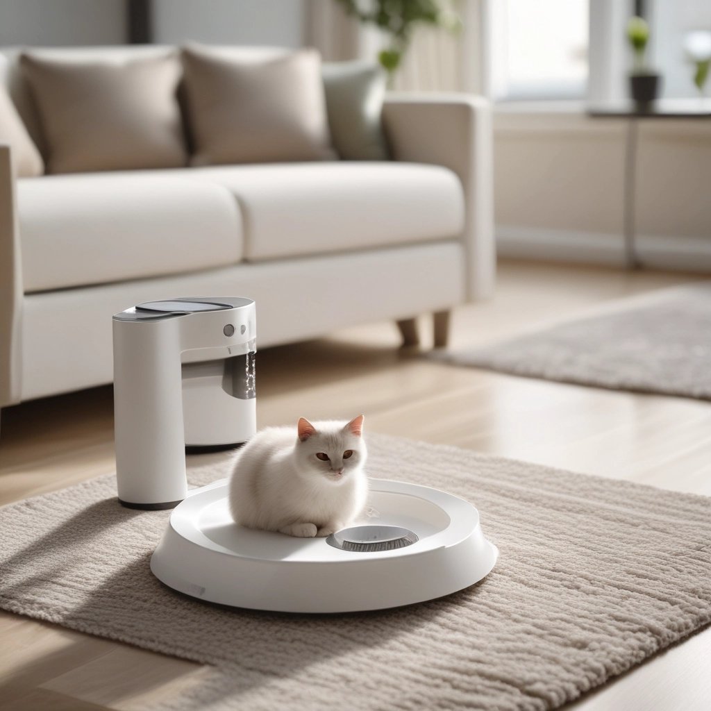 Close-up of a sleek automatic pet feeder with a digital display glowing softly in a modern kitchen setting.