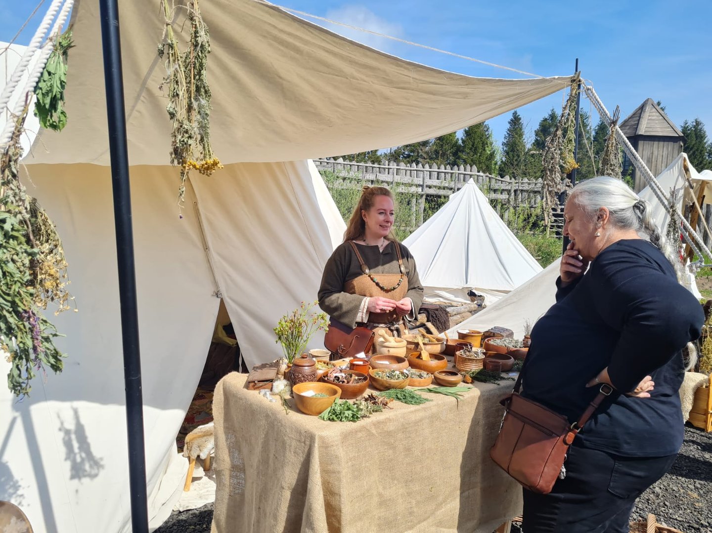 a woman dressed in viking clothing standing behind a table of herbal remedies talking  with visitors