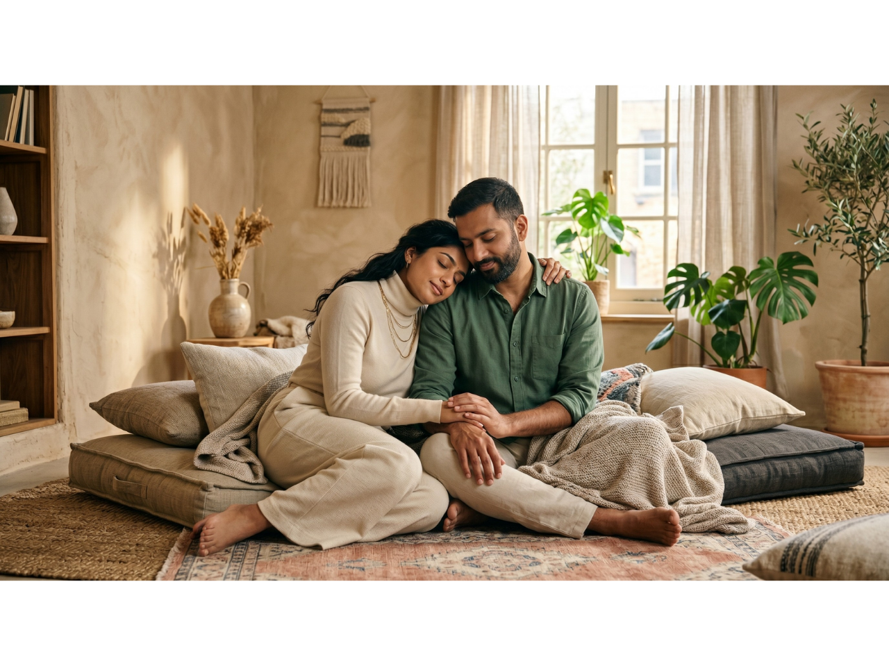 Couple resting & showing intimacy together in sand-toned room for relationship intimacy coaching.