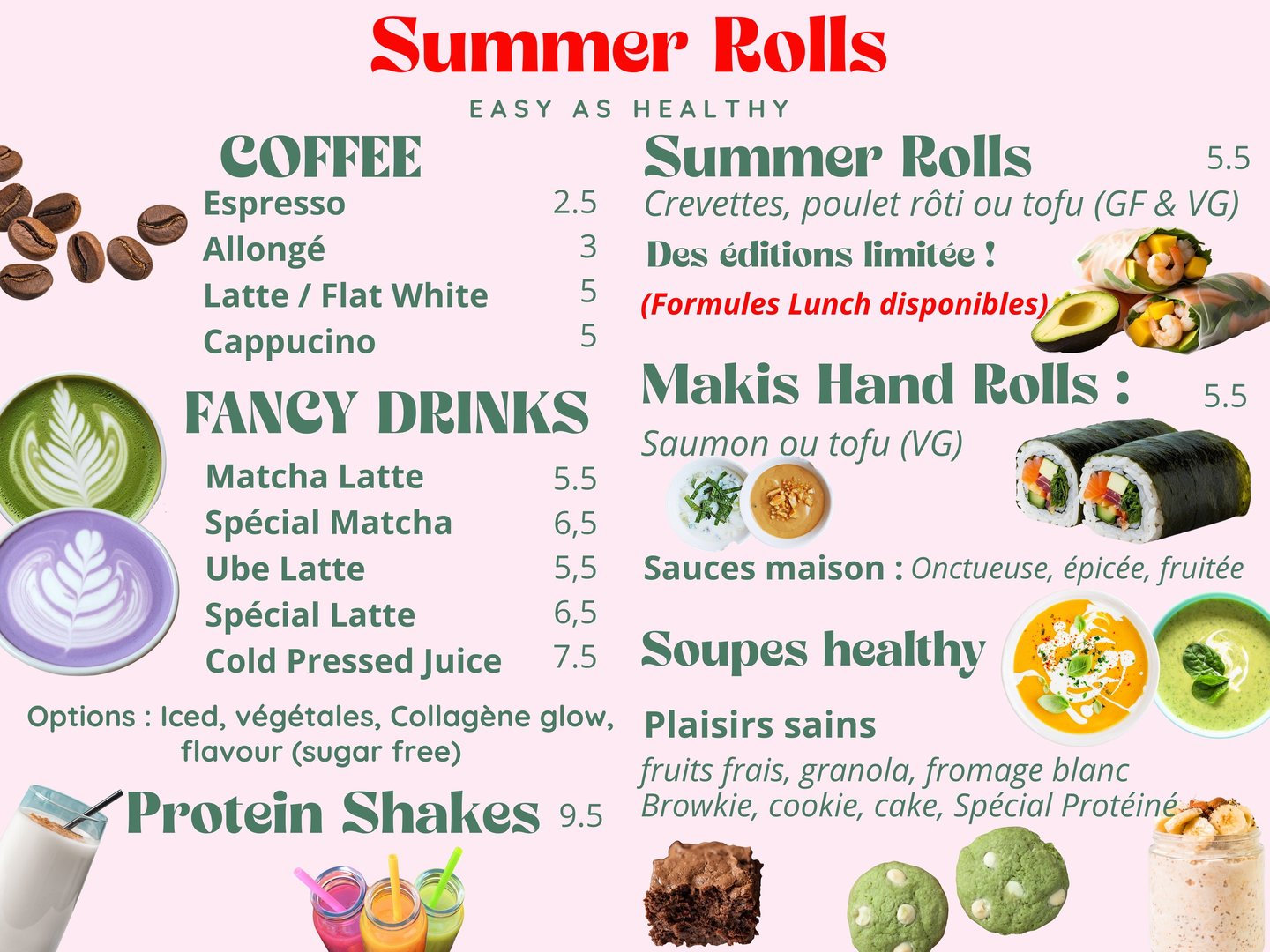 menu Summer Rolls - Café Matcha Ube Protein Shake Maki Rouleaux de printemps Soupe Desserts Cookies