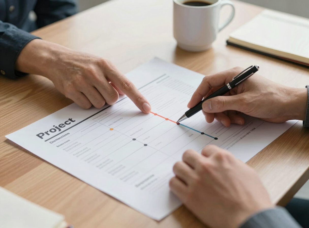 Close-up of two hands pointing at a printed project timeline spread across a conference table, a pen marking a milestone, coffee mug and notebook visible at the edge, soft natural office light from above