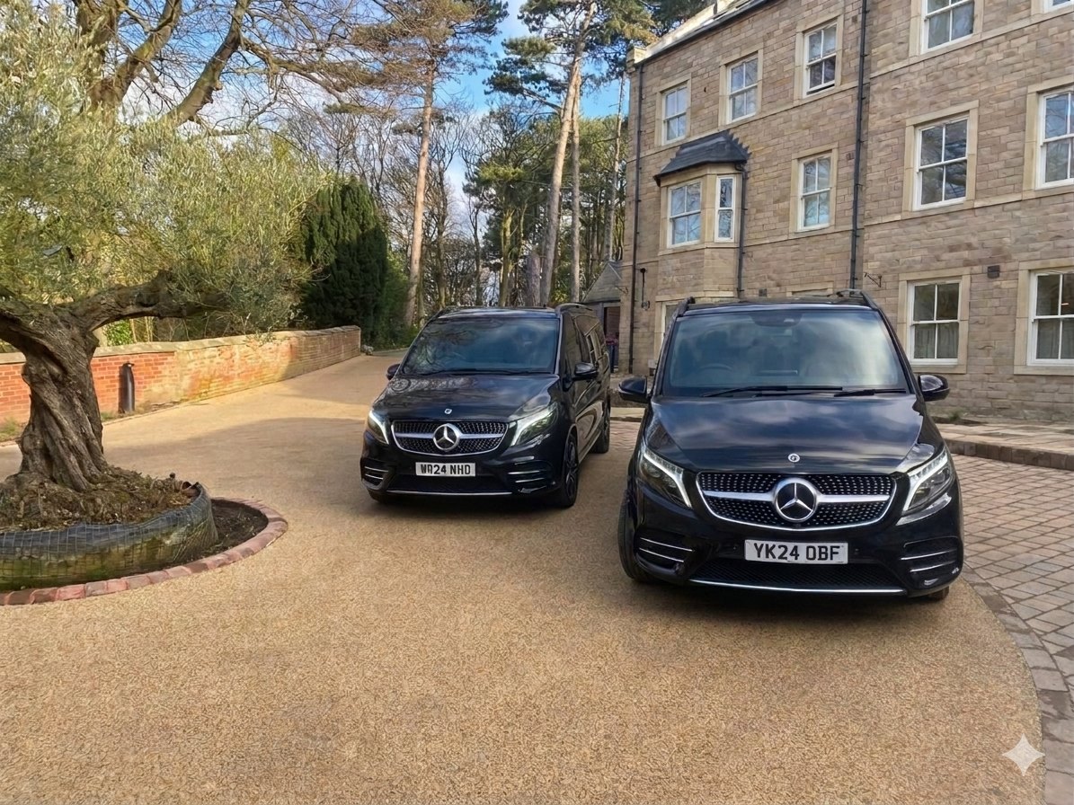 TwoBlack Mercedes-Benz V-Class cars parked on a gravel driveway in front of a stone building.