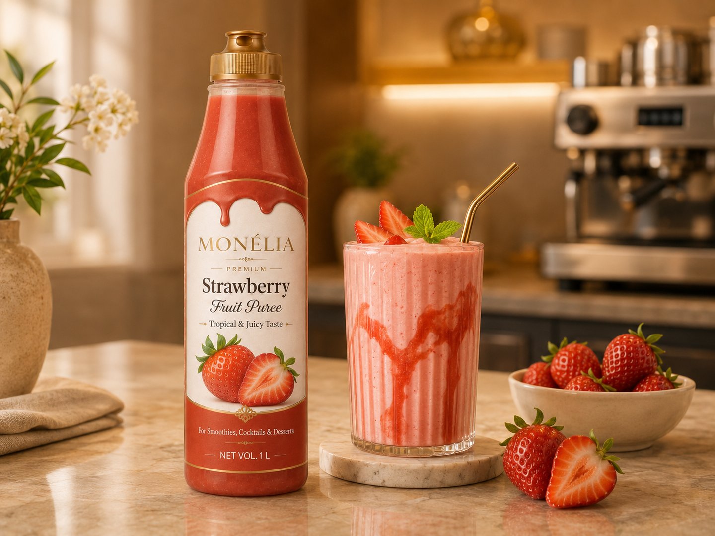 MONÉLIA strawberry fruit puree for milkshakes dessert cups and professional menus