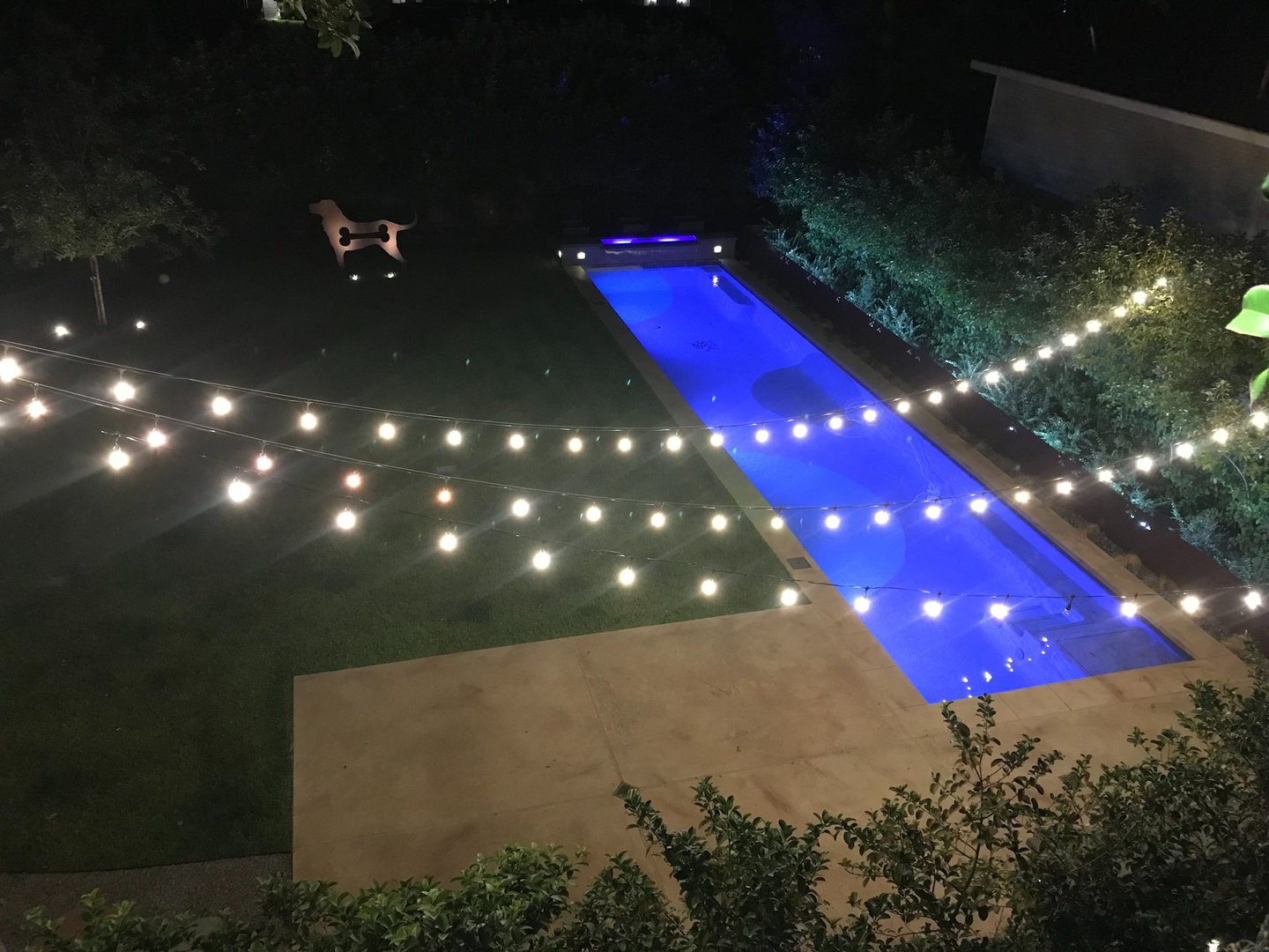 string lighting, strip lighting and accent up lights on statue