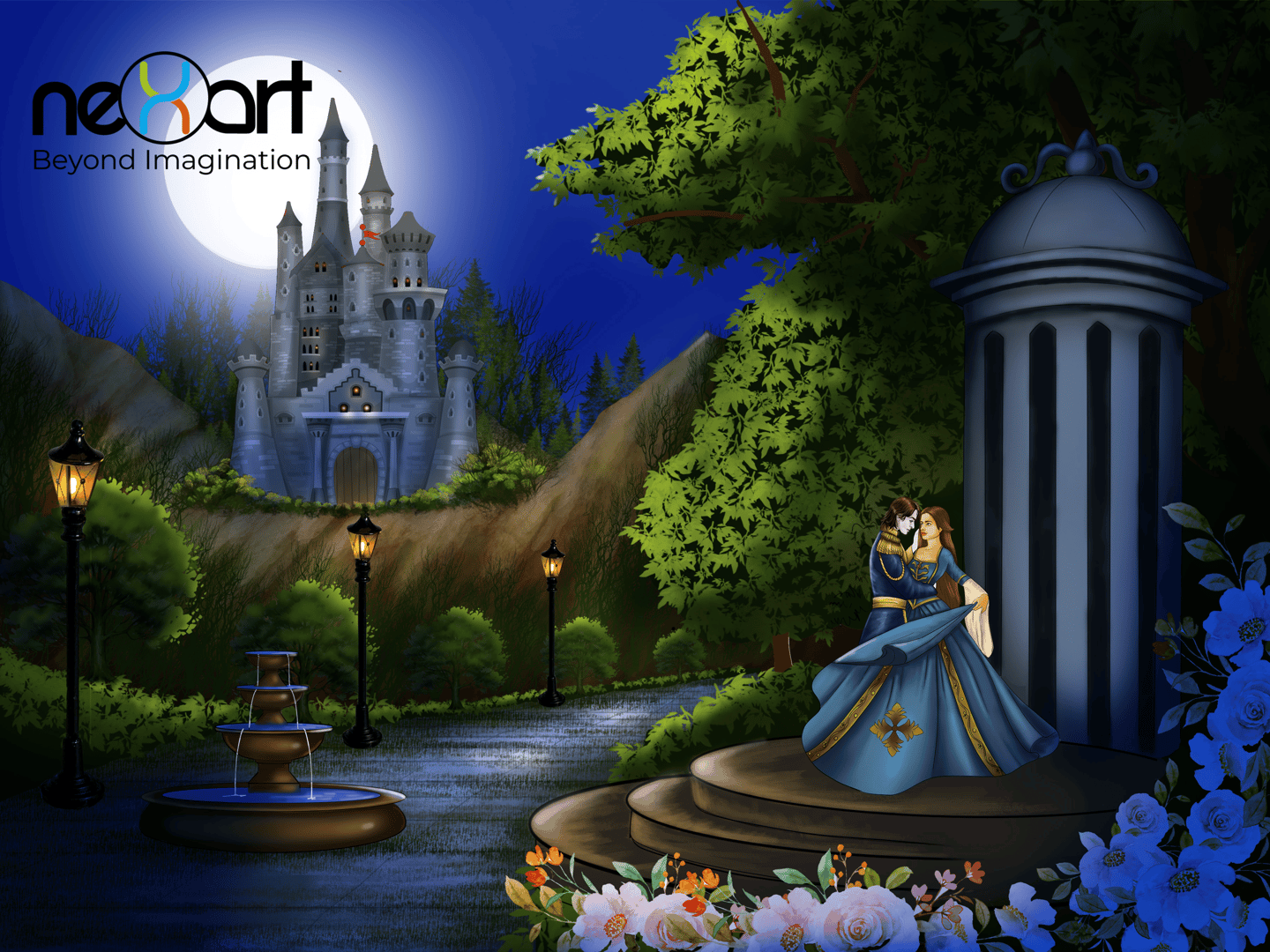 Fantasy illustration of MMC and FMC dancing in a beautiful garden with a castle in the background.