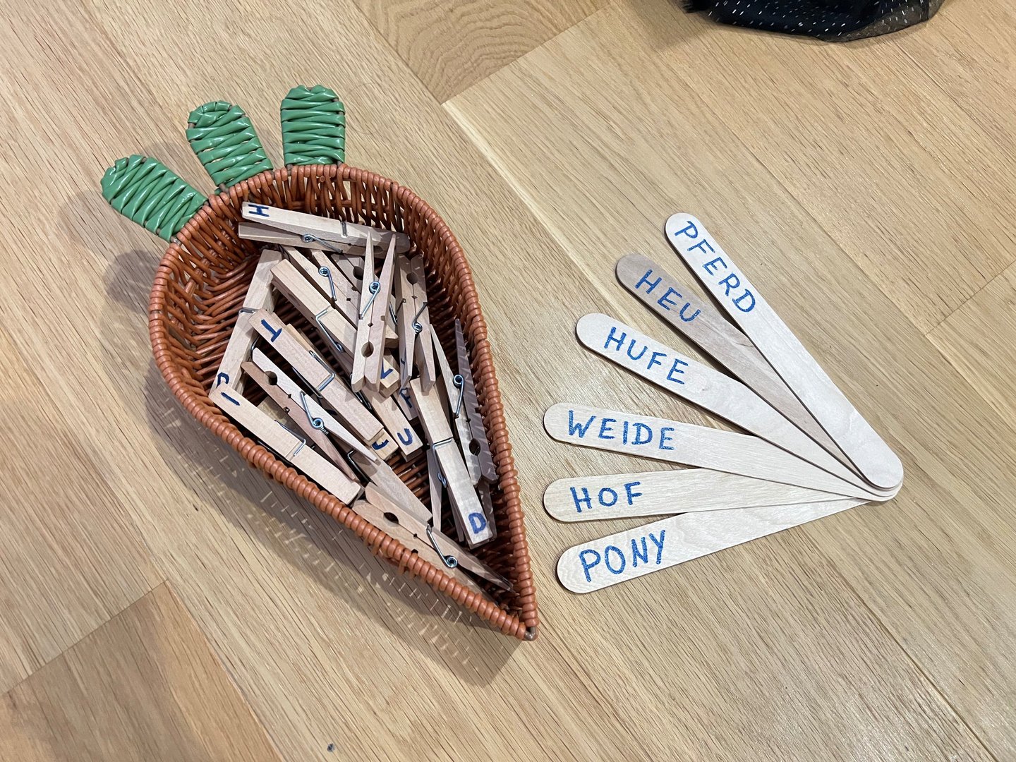 Educational word matching activity with wooden clothespins in a carrot basket and popsicle sticks.
