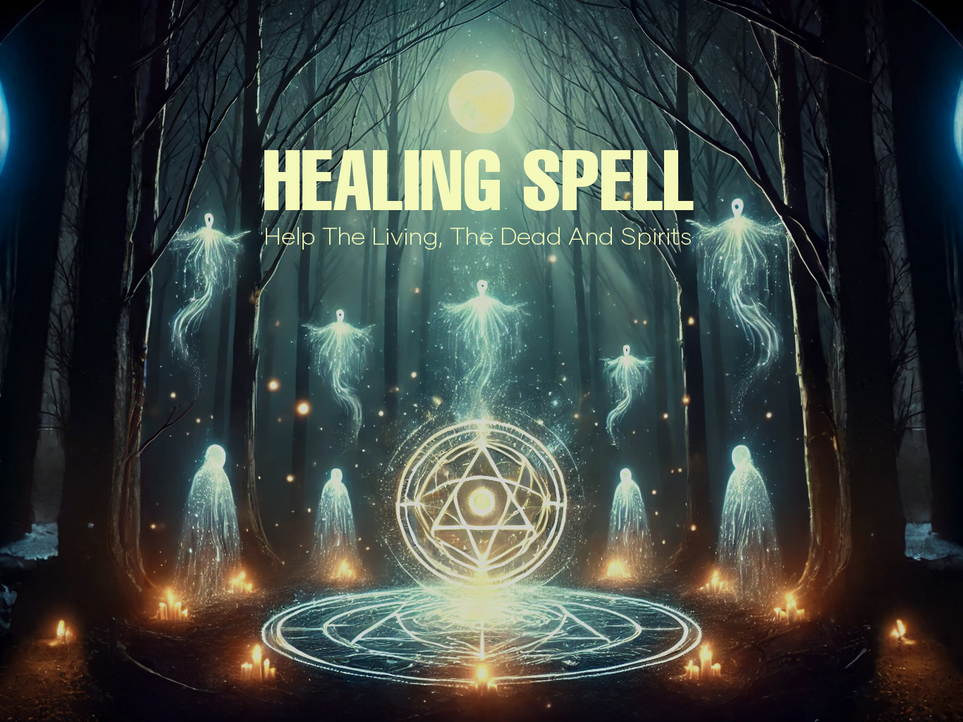 Wandering, lost, grieving ghosts and spirits in a forest, gathered around a magical symbol created by a soul-releasing spell 