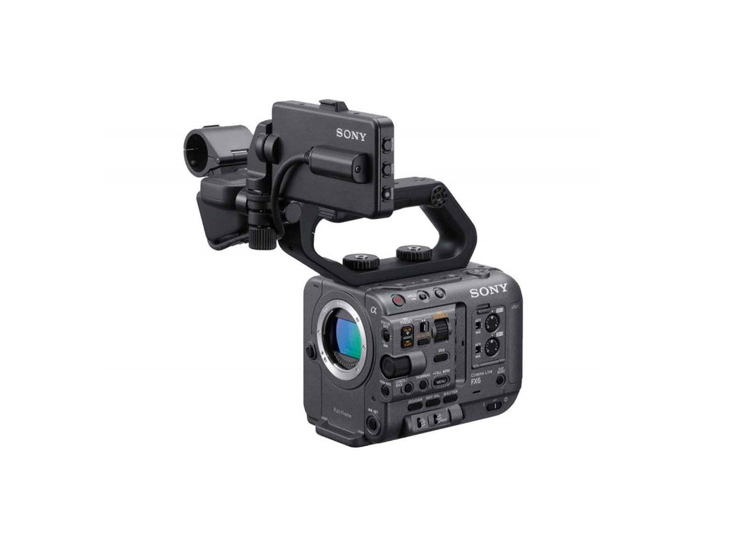 Professional Sony FX6 Full-Frame Cinema Camera body with top handle and LCD monitor isolated on white.