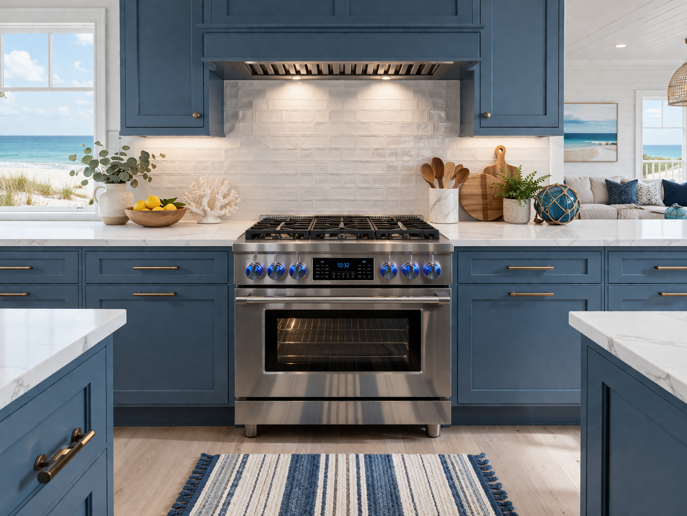 Blue kitchen with stainless gas range, white counters, and navy cabinets