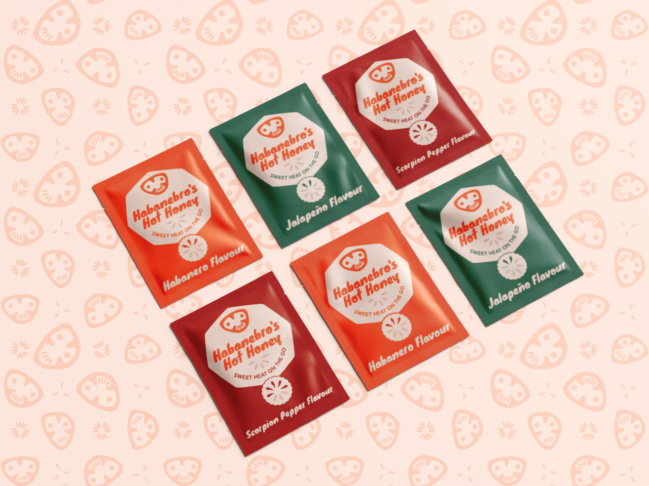 A mockup of 6 Hot Honey sachets.