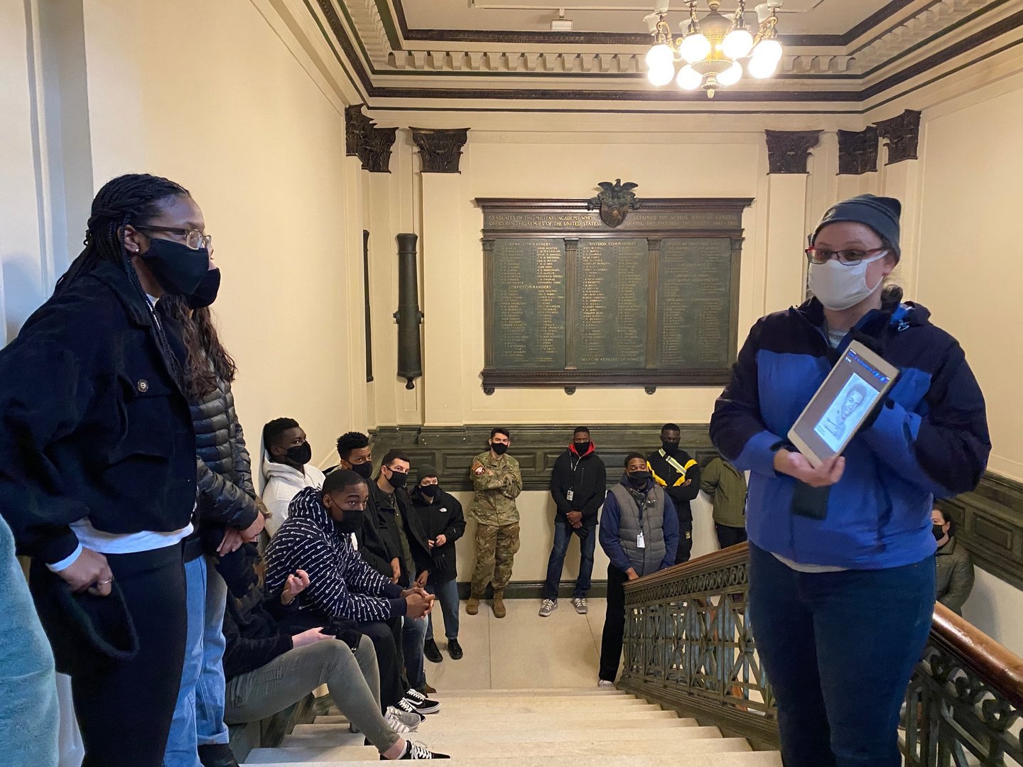 Dr. Hooton, left, with students at Cullum Hall at West Point. Black history and memory walking tour