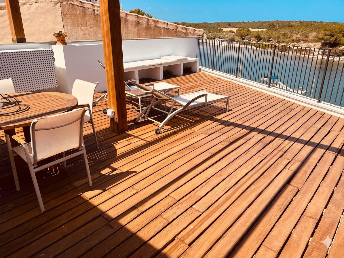 Luxury wooden rooftop terrace with lounge chairs and dining table overlooking a scenic river.