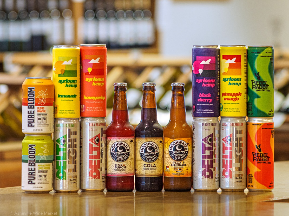 row of thc beverages in bottles and cans