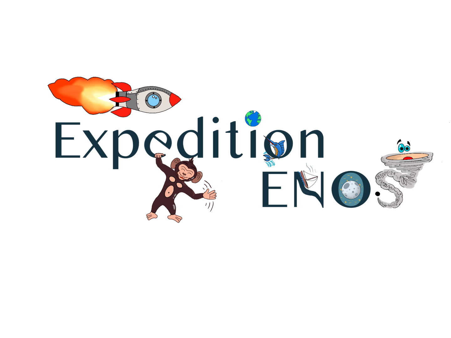 Expedition ENOS space adventure logo featuring a rocket ship, monkey, and cosmic elements.