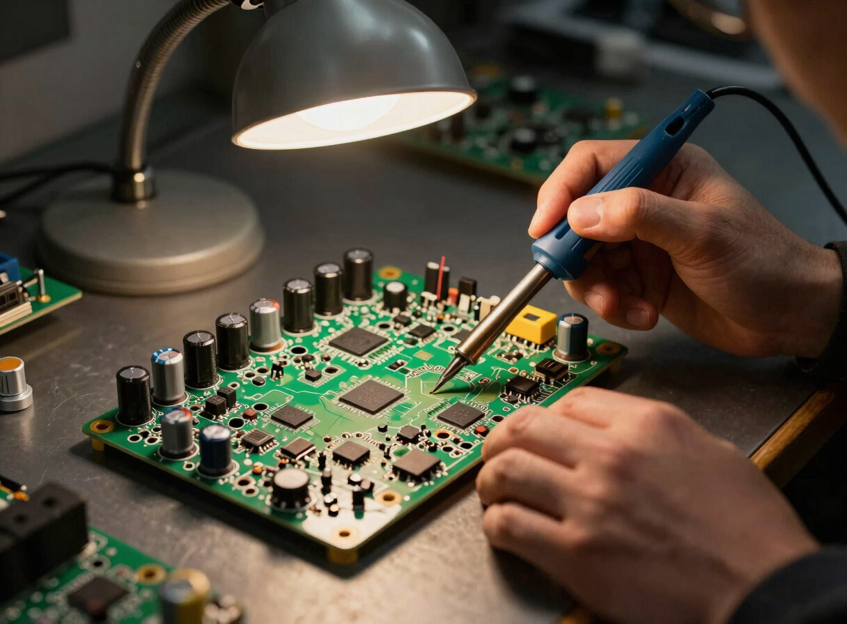Technician hands holding a soldering iron over a television main board on a workbench, close-up overhead angle, replacement capacitors and chips laid out beside the board, tungsten workshop lamp illuminating the components from above, warm amber light, dark background, no faces visible