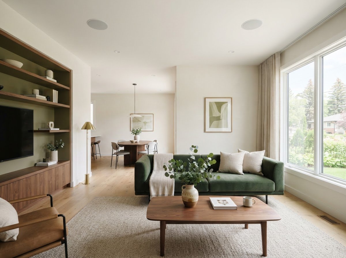 Bright architectural photography of a modern Edmonton living space, clean plaster walls, minimalist flush-mount ceiling speakers, soft natural daylight, 35mm lens