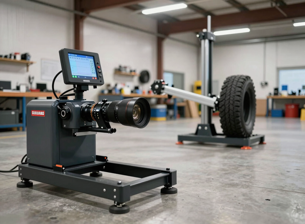 Wide workshop bay shot from the left side, Hunter Road Force Elite balancer in the foreground with its digital readout screen illuminated showing numeric data, Giuliano tire mounting arm visible mid-frame, clean concrete floor, bright even overhead lighting, no people