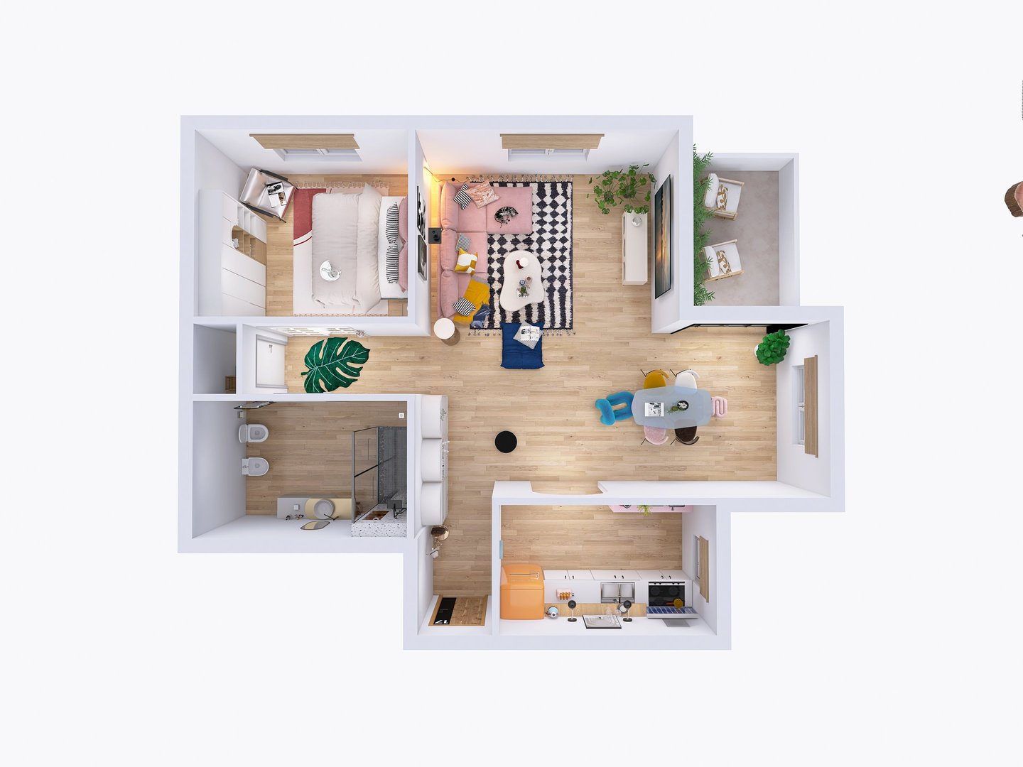 Planta arquitectónica 3D de departamento moderno con diseño de interiores a medida.