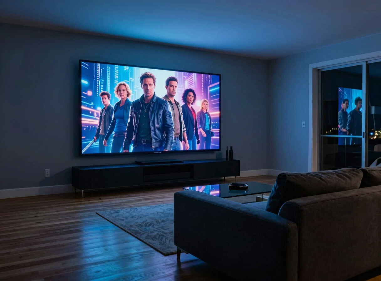 Wide-angle view of a modern living room at night, a large Smart TV filling the left wall showing a vibrant Hollywood movie in-frame — cool blue glow from the screen casting light across a dark couch and hardwood floor, cinematic and immersive
