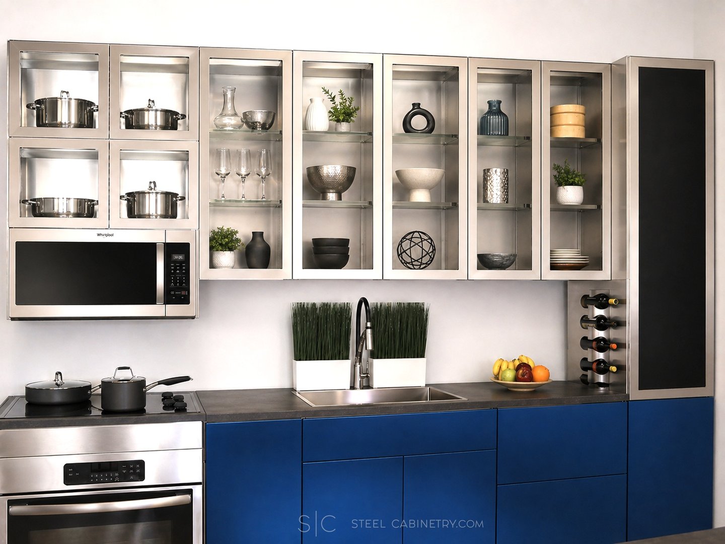 stainless steel and blue steel doors