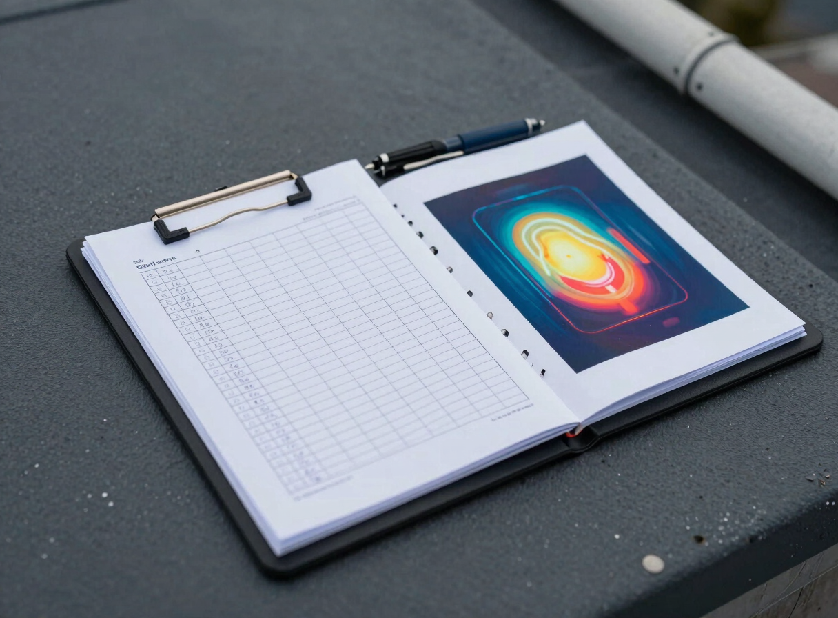 Oblique overhead view of a field technician's clipboard on a flat roof surface, handwritten inspection grid partially filled, a thermal imaging printout clipped alongside, diffuse overcast light, dark membrane visible beneath, no shadows