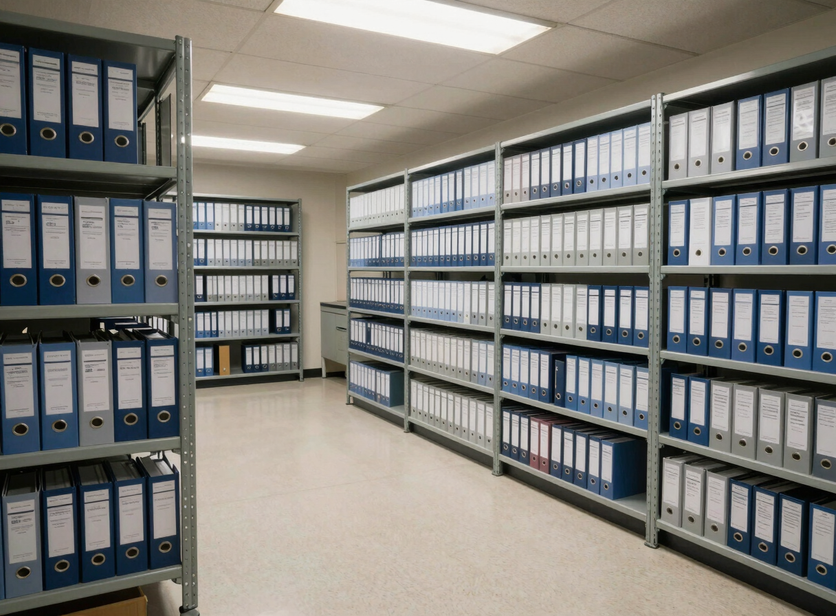 Wide environmental shot of an organized compliance workspace, rows of labeled regulatory files on metal shelving, overhead fluorescent lighting, clean linoleum floor, no people, calm and ordered atmosphere