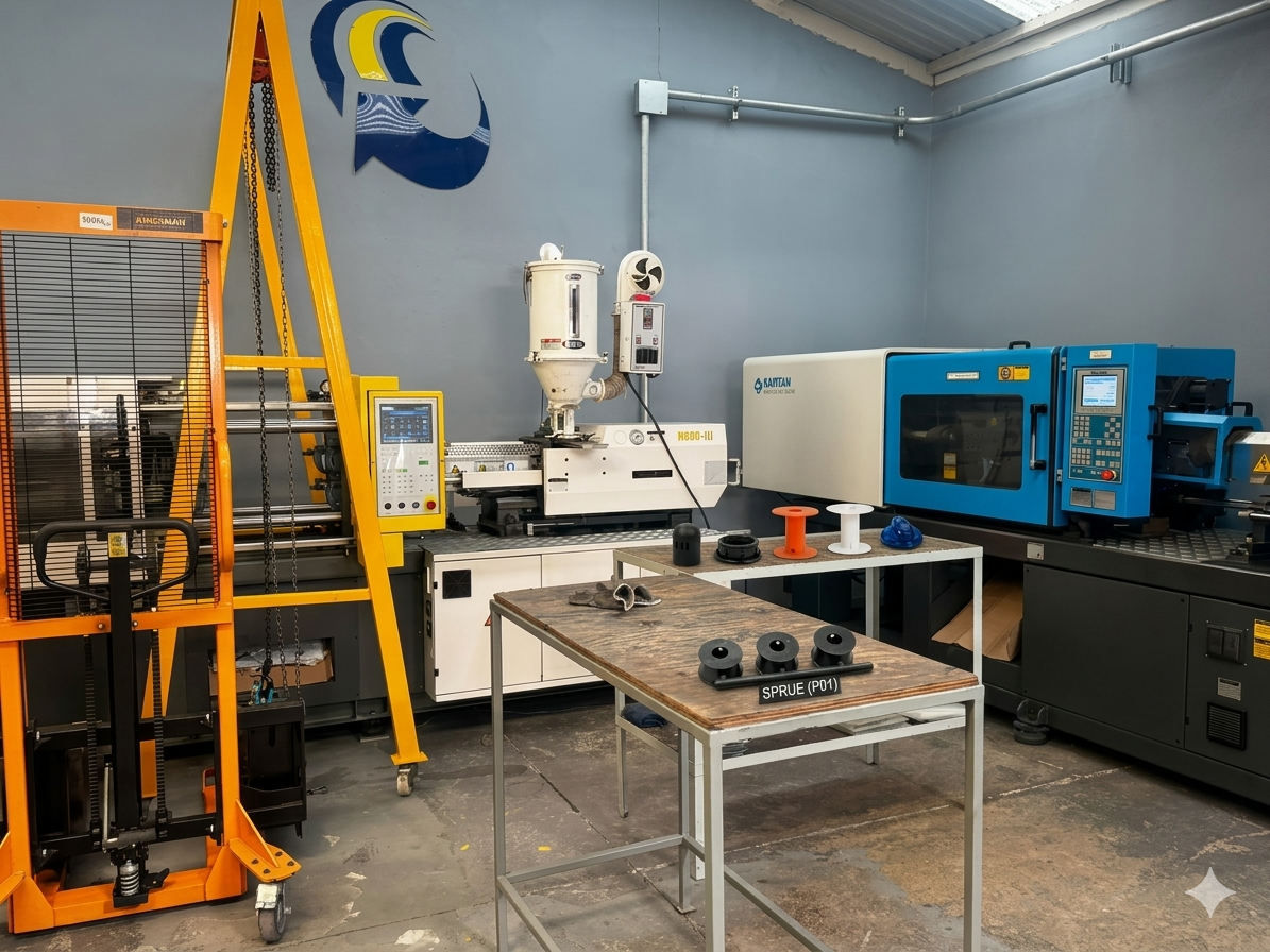 Industrial plastic injection molding machine with pallet jack and molded parts in a factory.