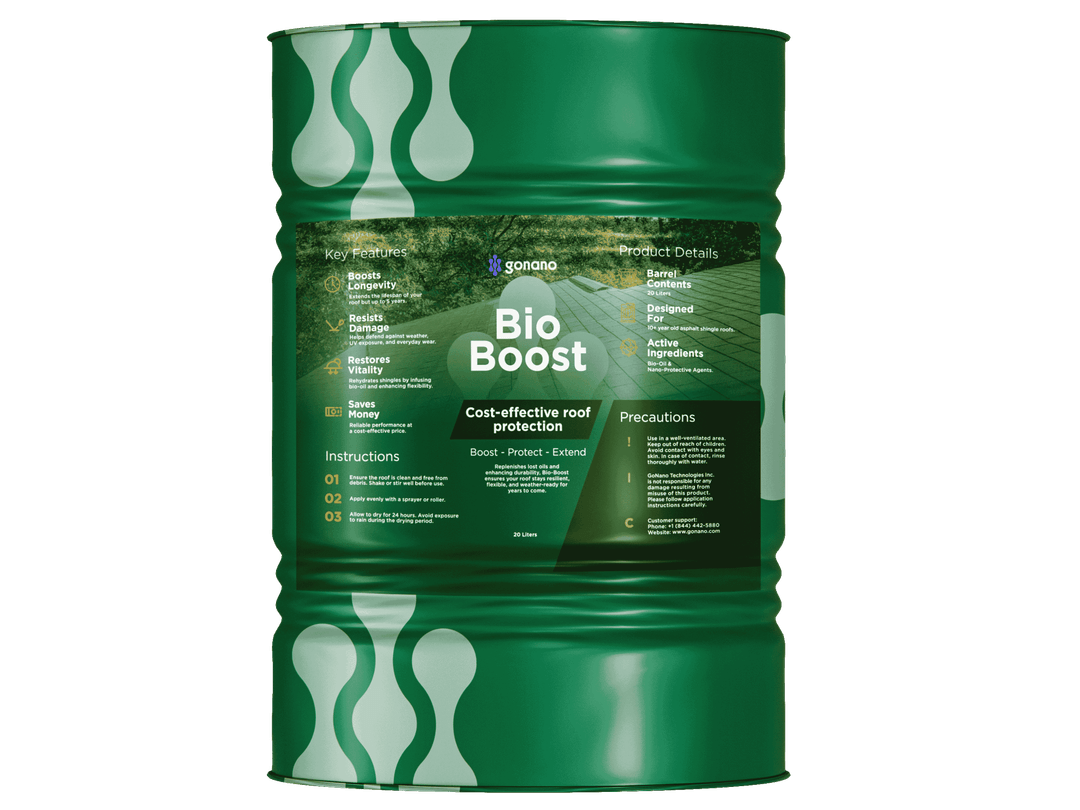 Green 20-liter barrel of GoNano Bio Boost asphalt shingle roof protection and rejuvenation treatment.