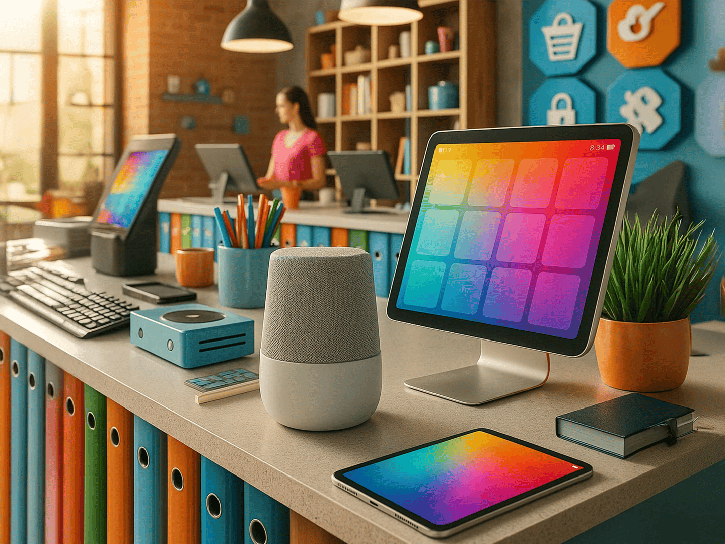 Smart speaker and colorful tablet POS setup in modern store. Affordable tech for small businesses.