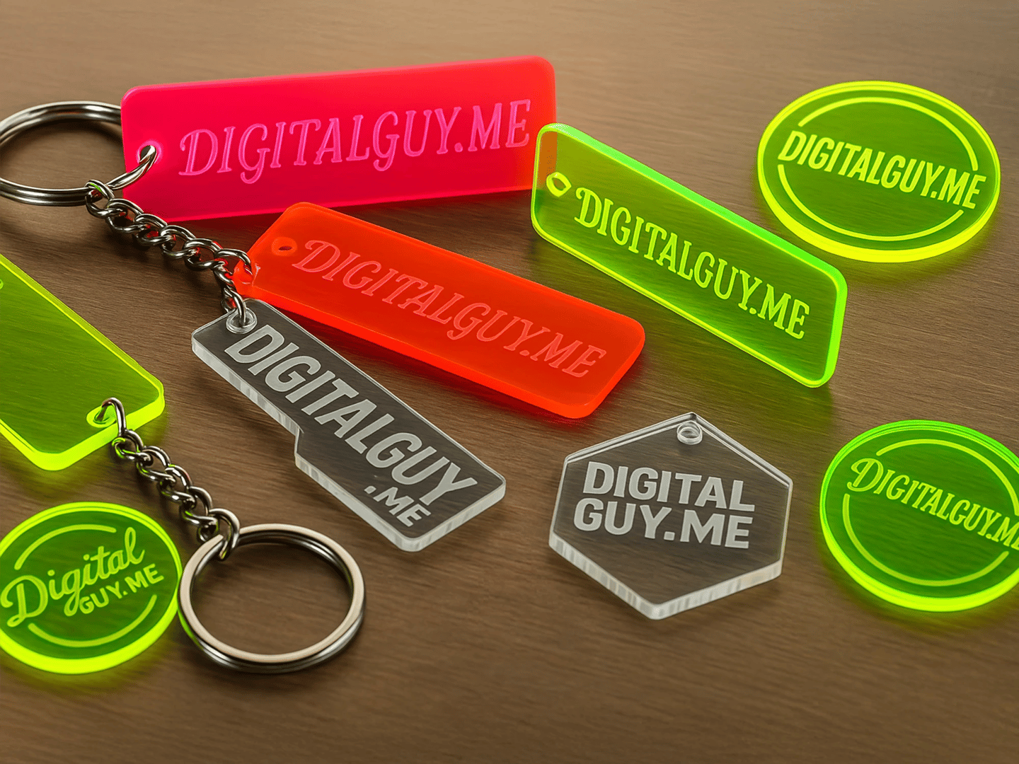 Acrylic keychains with DigitalGuy.me logo. Laser engraved promo items for local tech branding.