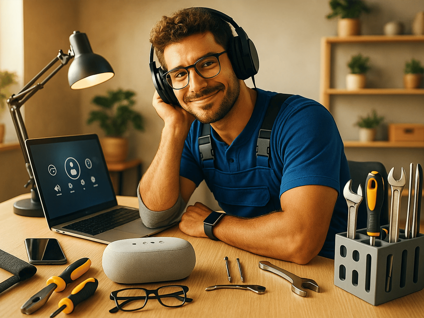 Tech handyman with laptop and smart speaker at workbench. Cedar Rapids home tech setup help.