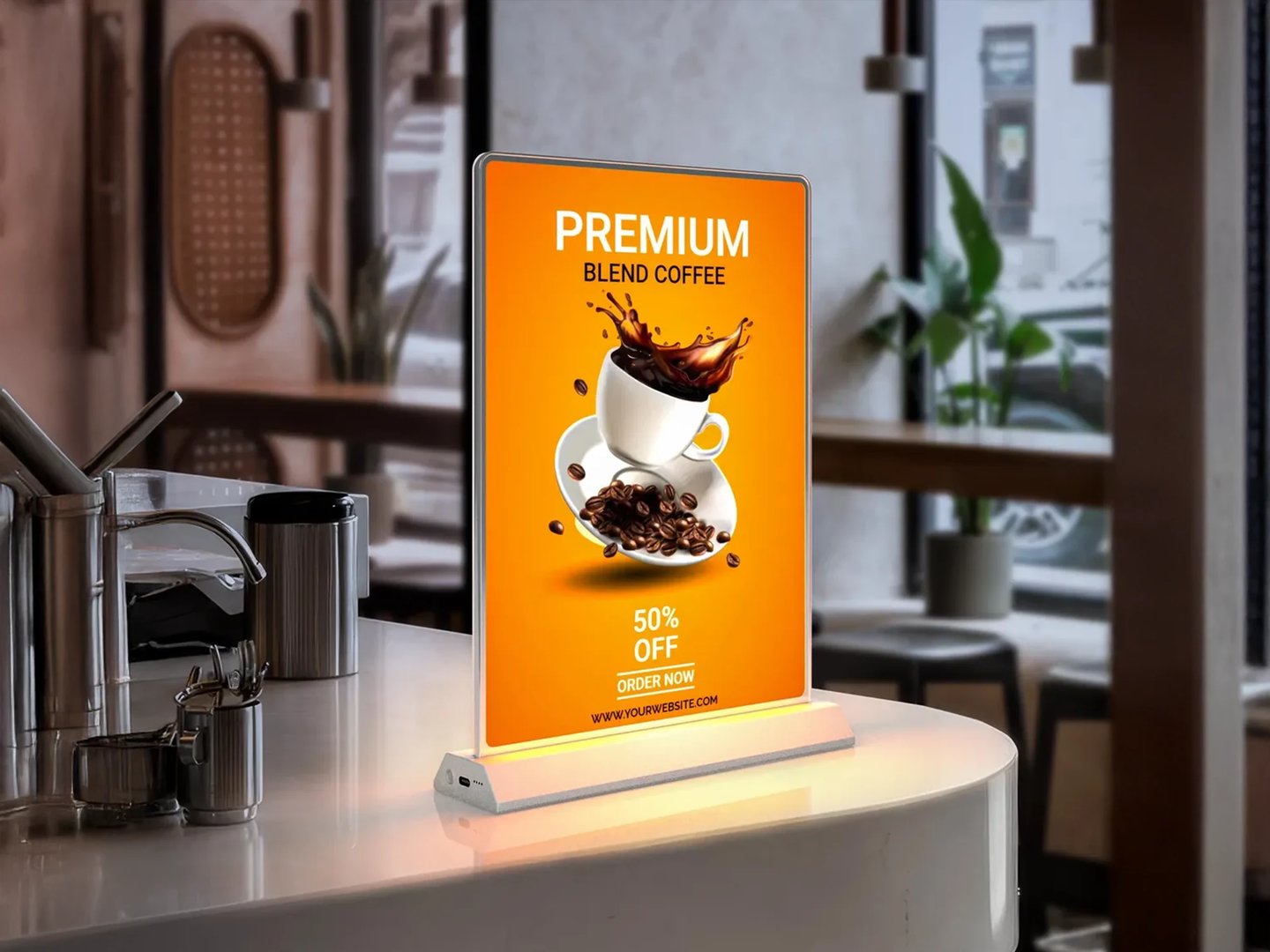 Digital POS coffee ad display at cafe counter. Enhance in-store marketing with tech in Iowa.